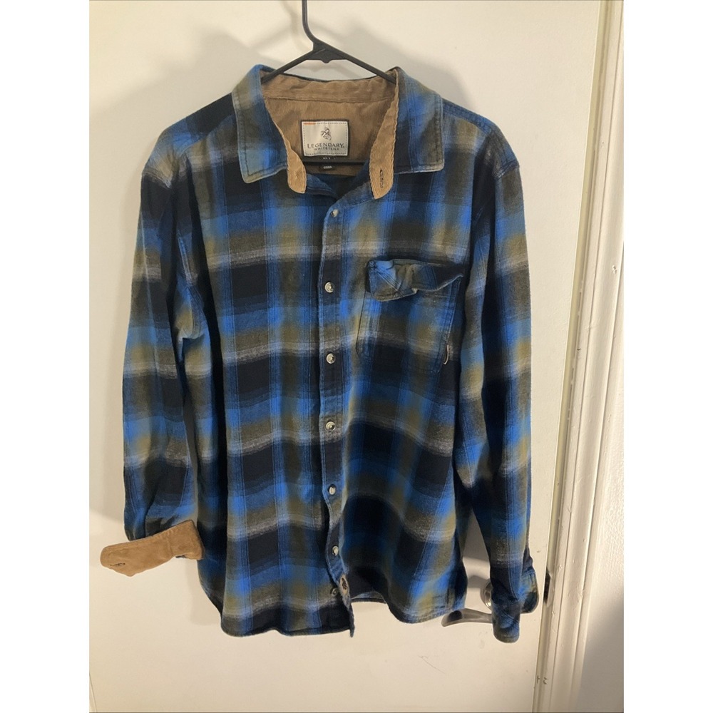 Legendary Whitetails Mens Large Buck Camp Flannel Shirt Blue Plaid Corduroy - Picture 1 of 5